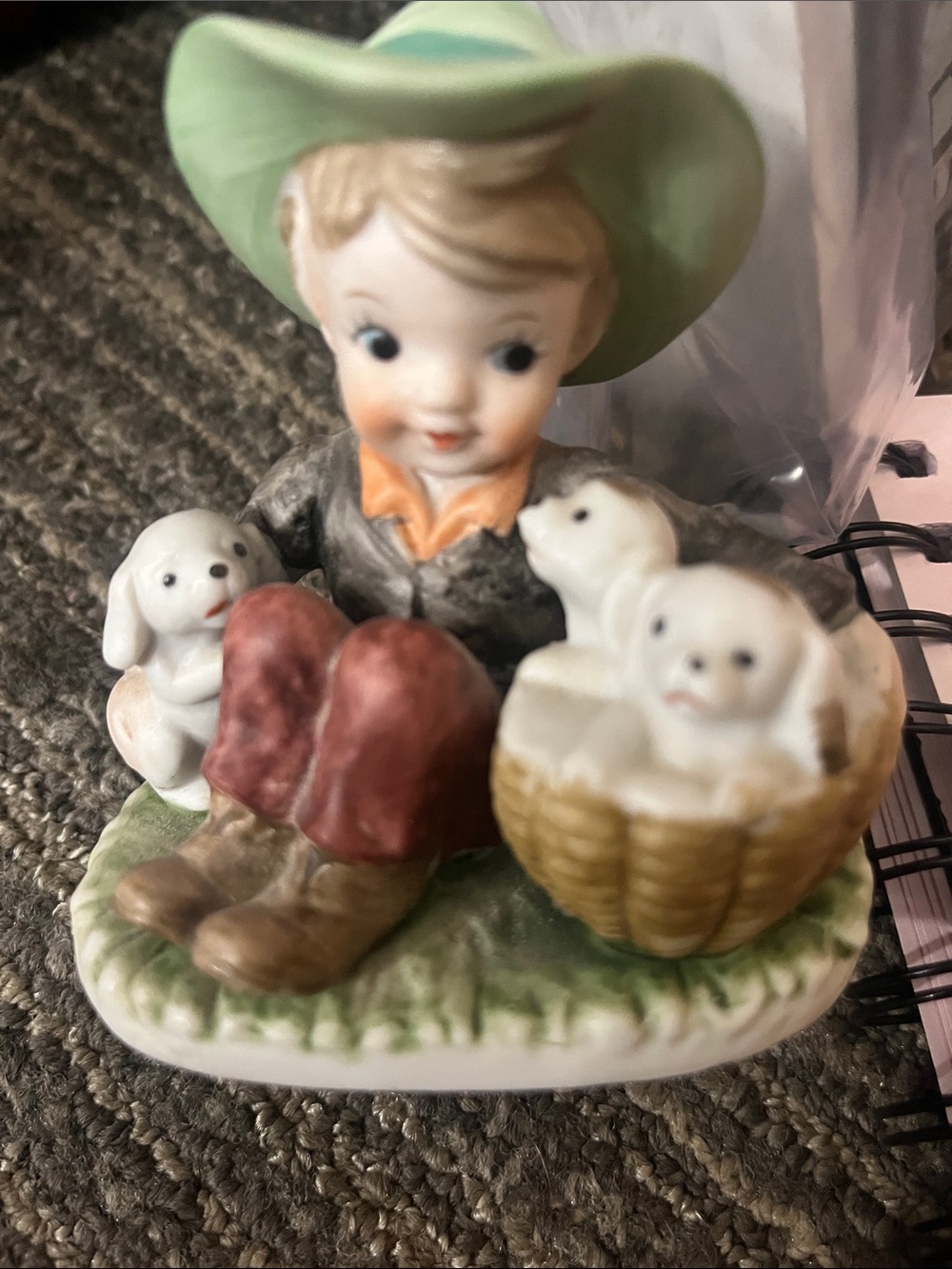 Lefton Porcelain Boy Figurine in Green Hat with Brown and Cream Puppies